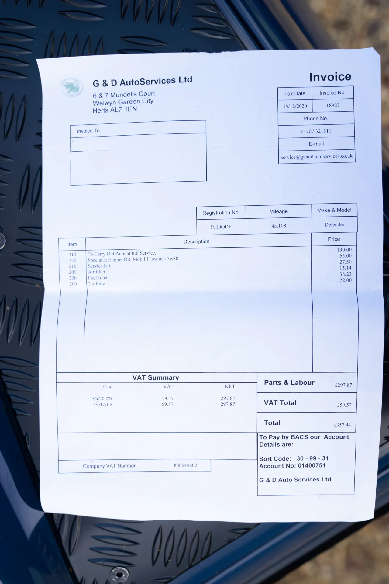Range Rover Service Invoice 2010 LAND ROVER DEFENDER 90 SOFT TOP CUSTOM