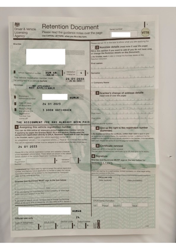 'HUM 4N' - NUMBER PLATE for sale by auction in , United Kingdom