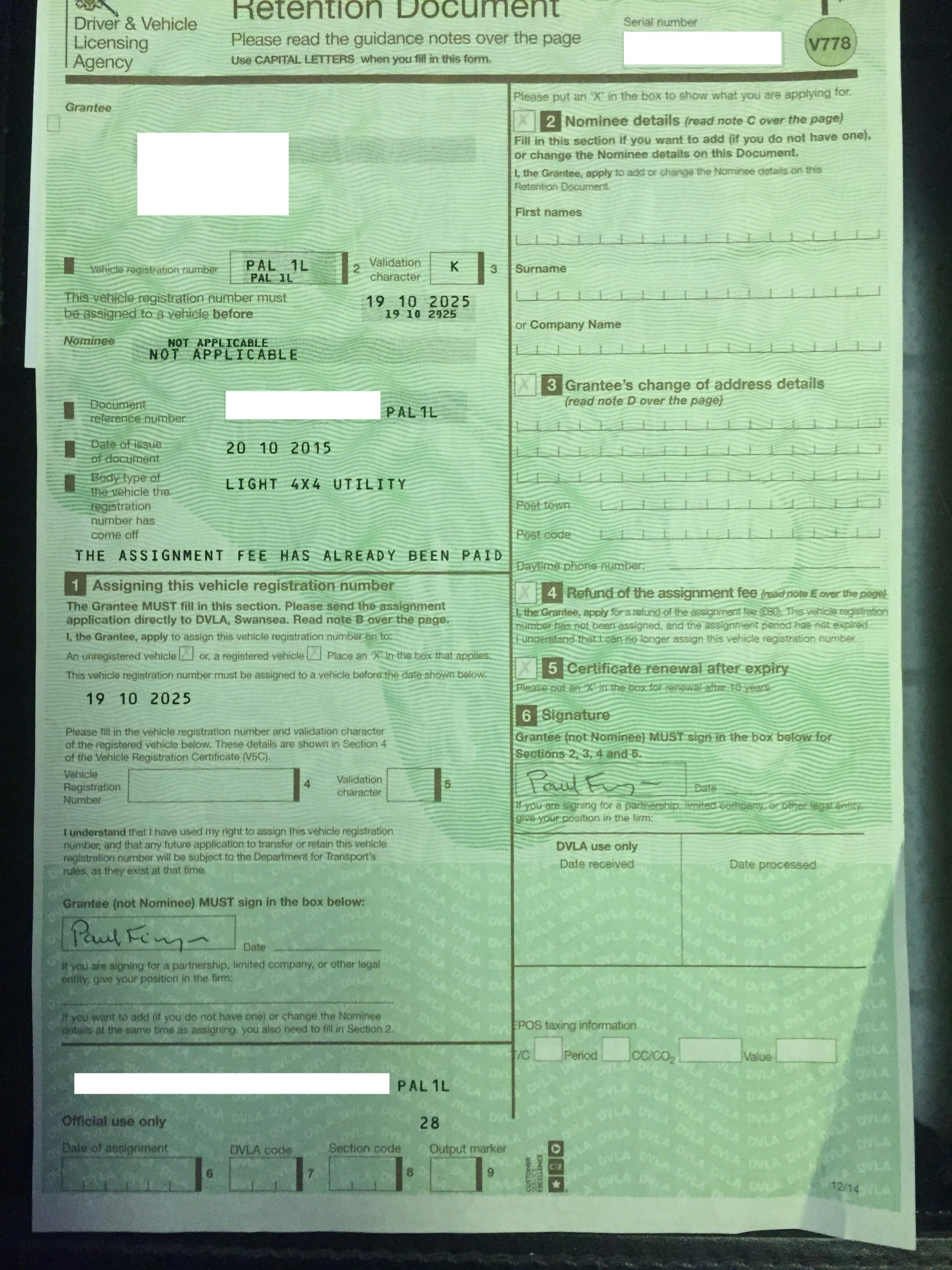 'PAL 1L' NUMBER PLATE for sale by auction in , United Kingdom